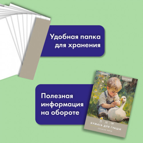 Бумага для гуаши А3 20 л., 180 г/м2, 297х420 мм, в папке, BRAUBERG АКАДЕМИЯ, Мальчик с гусём, 117738