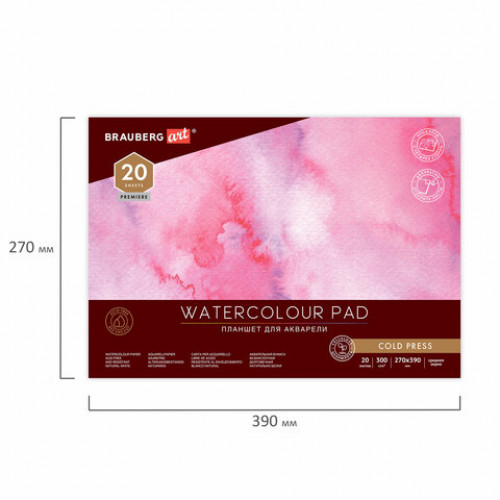 Папка для акварели/планшет, 300 г/м2, 270х390 мм, склейка, среднее зерно, 20 л., BRAUBERG ART PREMIERE, 113248