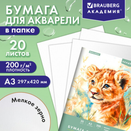 Папка для акварели БОЛЬШАЯ А3, 20 л., 200 г/м2, 297х420 мм, BRAUBERG АКАДЕМИЯ, Львёнок, 117745
