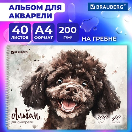 Альбом для акварели А4 40 л., бумага 200 г/м2, гребень, твердая подложка, BRAUBERG, Пудель, 116885