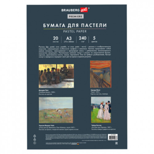 Бумага для пастели АБРАЗИВНАЯ А3 в папке, 20 листов, 5 цветов, 240 г/м2, BRAUBERG ART, 117764