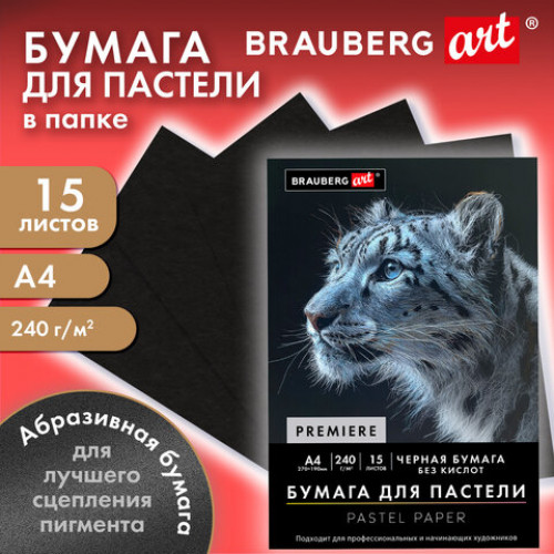 Бумага для пастели АБРАЗИВНАЯ А4 в папке, 15 листов, ЧЕРНАЯ, 240 г/м2, BRAUBERG ART, 117765