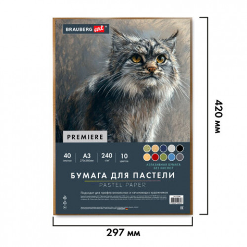 Бумага для пастели АБРАЗИВНАЯ А3 в коробке, 40 листов 10 цветов, 240 г/м2, BRAUBERG ART, 117768