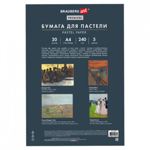 Бумага для пастели АБРАЗИВНАЯ А4 в папке, 20 листов, 5 цветов, 240 г/м2, BRAUBERG ART, 117763