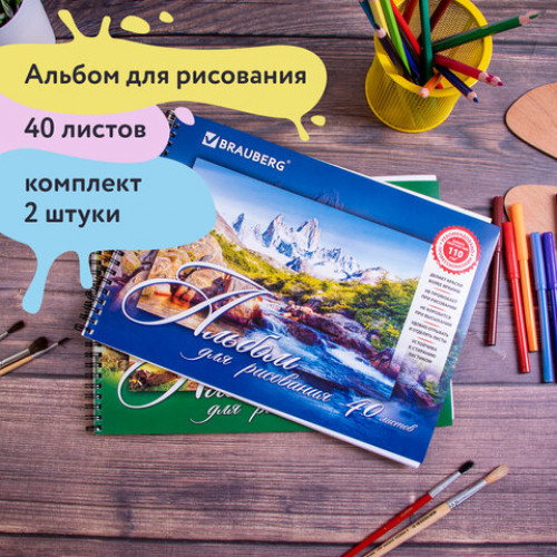 Альбомы для рисования А4 40 л., КОМПЛЕКТ 2 шт., гребень, обложка картон, BRAUBERG, 205х290 мм, Природа (2 вида), 880031