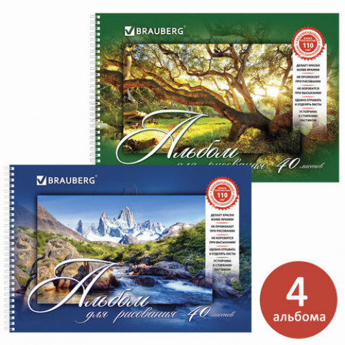 Альбомы для рисования А4 40 л., КОМПЛЕКТ 4 шт., гребень, обложка картон, BRAUBERG, 205х290 мм, Природа (2 вида), 880035