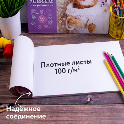 Альбомы для рисования А4 40 л., КОМПЛЕКТ 2 шт., скоба, обложка картон, ЮНЛАНДИЯ, 202х285 мм, Кот в свитере, 880042