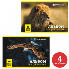 Альбомы для рисования А4 40 л., КОМПЛЕКТ 4 шт., скоба, обложка картон, BRAUBERG, 200х283 мм, Дикие (2 вида), 880039 Альбомы для рисования А4 40 л., КОМПЛЕКТ 4 шт., скоба, обложка картон, BRAUBERG, 200х283 мм, Дикие (2 вида), 880039