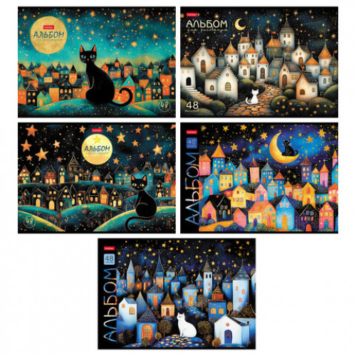 Альбом д/рис. обложка пластик, А4 48л., скоба, HATBER, 205х295мм, Лунный котик (5 вид, 48А4Впл