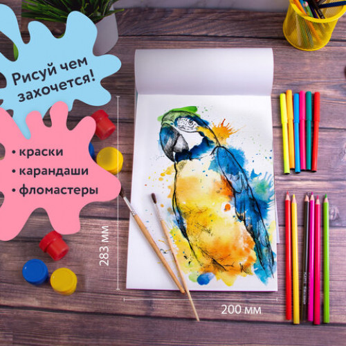 Альбомы для рисования А4 40 л., КОМПЛЕКТ 4 шт., скоба, обложка картон, BRAUBERG, 200х283 мм, Дикие (2 вида), 880039