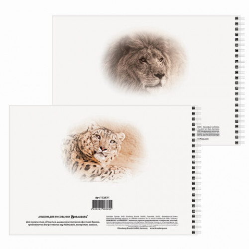Альбомы для рисования А4 40 л., КОМПЛЕКТ 2 шт., гребень, обложка картон, BRAUBERG, 205х290 мм, Хищники (2 вида), 880028