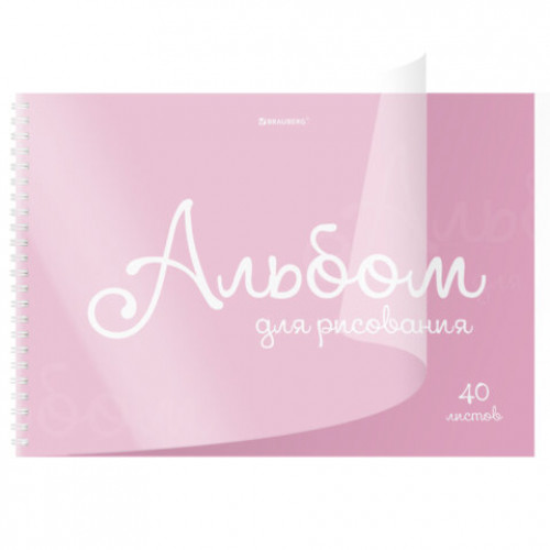 Альбом для рисования, пластиковая обложка, А4, 40 л., гребень, BRAUBERG, 210х297 мм, ОДНОТОННЫЕ (4 вида), 107681