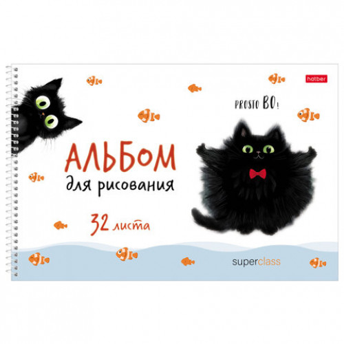 Альбом для рисования А4, 32 л., спираль, рельефный картон, HATBER, 198х300 мм, Котэ (5 видов), 094699, 32А4тВсп