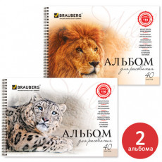 Альбомы для рисования А4 40 л., КОМПЛЕКТ 2 шт., гребень, обложка картон, BRAUBERG, 205х290 мм, Хищники (2 вида), 880028