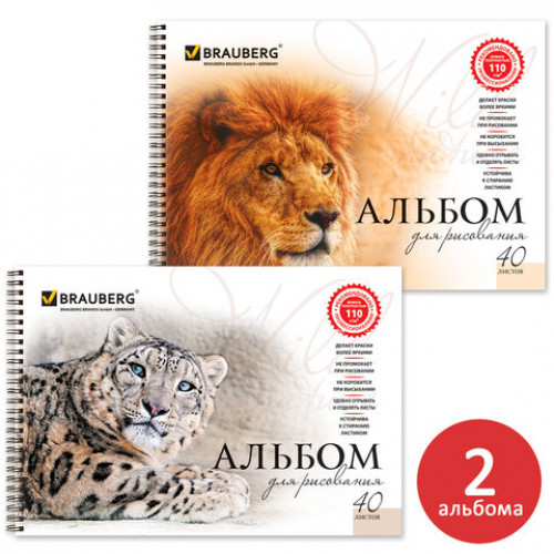 Альбомы для рисования А4 40 л., КОМПЛЕКТ 2 шт., гребень, обложка картон, BRAUBERG, 205х290 мм, Хищники (2 вида), 880028