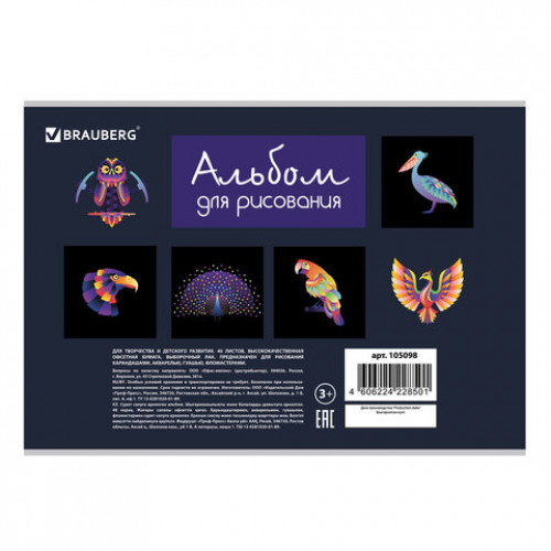 Альбом для рисования А4 40 л., скоба, выборочный лак, BRAUBERG, 202х285 мм, Птицы (1 вид), 105098