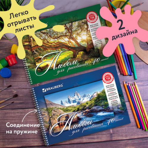 Альбомы для рисования А4 40 л., КОМПЛЕКТ 4 шт., гребень, обложка картон, BRAUBERG, 205х290 мм, Природа (2 вида), 880035