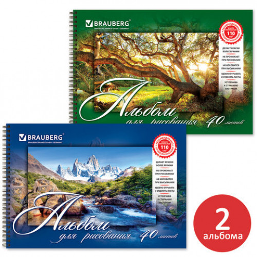 Альбомы для рисования А4 40 л., КОМПЛЕКТ 2 шт., гребень, обложка картон, BRAUBERG, 205х290 мм, Природа (2 вида), 880031