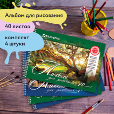 Альбомы для рисования А4 40 л., КОМПЛЕКТ 4 шт., гребень, обложка картон, BRAUBERG, 205х290 мм, Природа (2 вида), 880035
