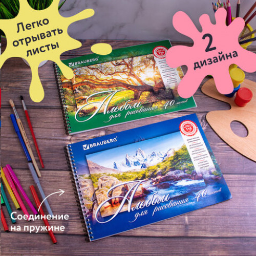 Альбомы для рисования А4 40 л., КОМПЛЕКТ 2 шт., гребень, обложка картон, BRAUBERG, 205х290 мм, Природа (2 вида), 880031