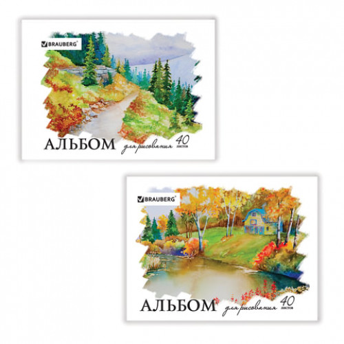 Альбом для рисования, А4, 40 листов, скоба, обложка картон, BRAUBERG, 200х283 мм, Родные просторы (2 вида), 103729