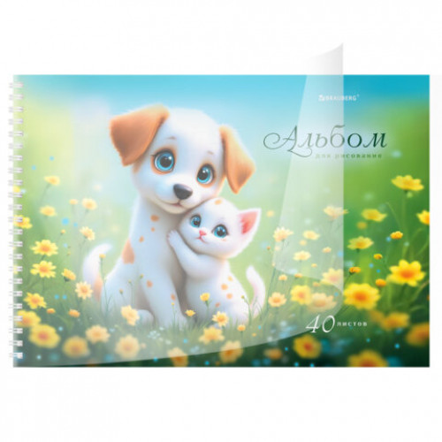 Альбом для рисования, пластиковая обложка, А4, 40 л., гребень, BRAUBERG, 210х297 мм, АССОРТИ-2 (8 видов), 107683
