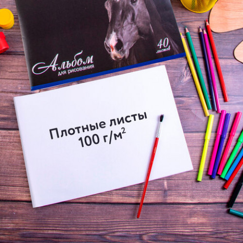 Альбомы для рисования А4 40 л., КОМПЛЕКТ 4 шт., скоба, обложка картон, BRAUBERG, 200х283 мм, Кони (2 вида), 880037
