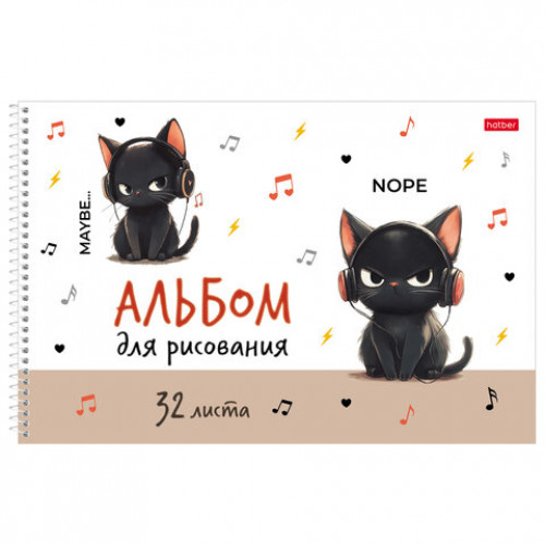 Альбом для рисования А4, 32 л., спираль, рельефный картон, HATBER, 198х300 мм, Котэ (5 видов), 094699, 32А4тВсп