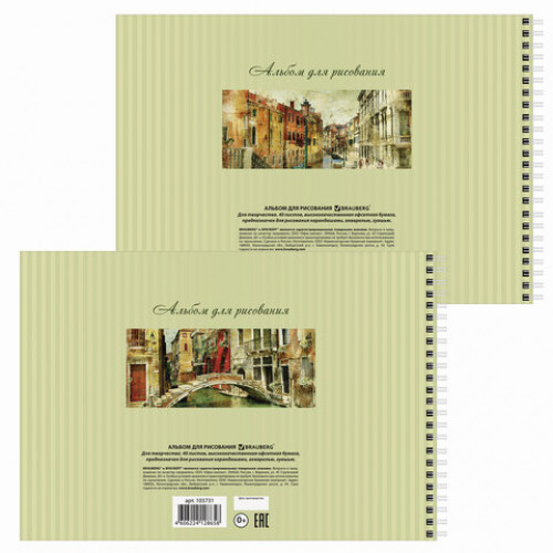 Альбомы для рисования А4 40 л., КОМПЛЕКТ 4 шт., гребень, обложка картон, BRAUBERG, 205х290 мм, Город (2 вида), 880033