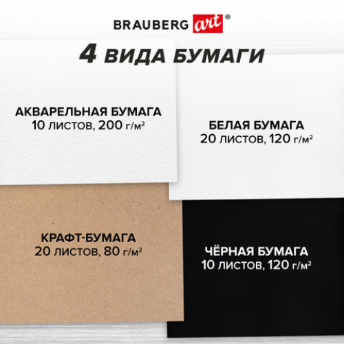 Скетчбук, 4 вида бумаги (акварельная,белая,черная,крафт) 145х205мм, 60л, гребень, BRAUBERG ART, 115066