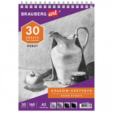 Скетчбук, белая бумага 160 г/м2, 145х205 мм, 30 л., гребень, жёсткая подложка, BRAUBERG ART DEBUT, 110989 Скетчбук, белая бумага 160 г/м2, 145х205 мм, 30 л., гребень, жёсткая подложка, BRAUBERG ART DEBUT, 110989