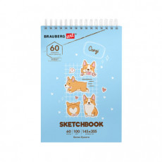 Скетчбук, белая бумага 100 г/м2, 140х201 мм, 60 л., гребень, жёсткая подложка, BRAUBERG ART, Корги, 115064