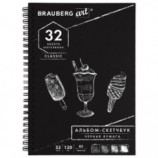Скетчбук, черная бумага 120 г/м2, 148х210 мм, 32 л., гребень, BRAUBERG ART CLASSIC, 128952 Скетчбук, черная бумага 120 г/м2, 148х210 мм, 32 л., гребень, BRAUBERG ART CLASSIC, 128952