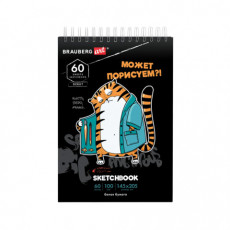 Скетчбук, белая бумага 100г/м2, 140х201мм, 60л, гребень, подложка, BRAUBERG ART, Порисуем?, 115063