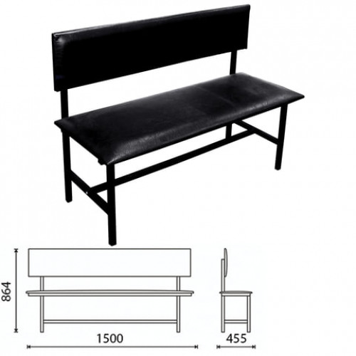 Банкетка со спинкой Берта 1500х455х864 мм, усиленная, черный каркас, кожзам черный