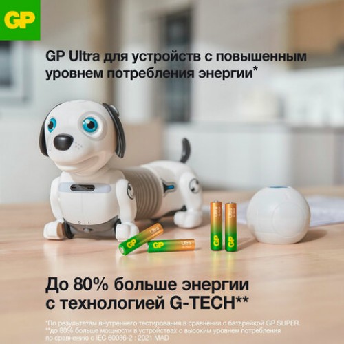 Батарейки КОМПЛЕКТ 4 шт, GP Ultra G-Tech, AA (LR6,15А), алкалиновые, пальчиковые, 15A, 15AUA21-2CRSBC4