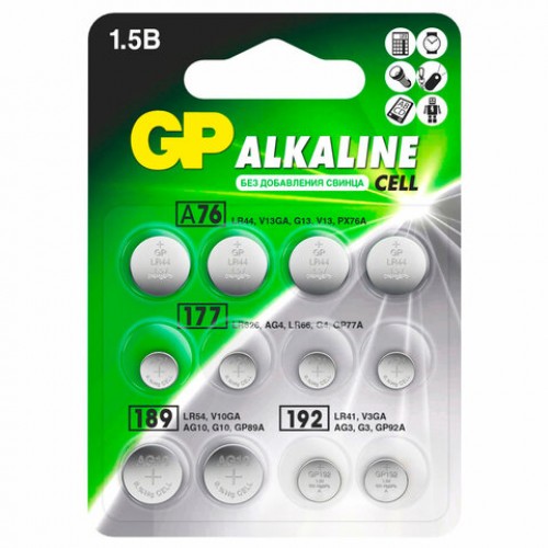 Батарейки НАБОР 12шт (А76 - 4шт, 177 - 4шт, 189 - 2шт, 192 - 2шт) GP Alkaline блистер, ACM02F-2CR12