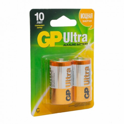 Батарейки GP Ultra, С (LR14, 14А), алкалиновые, КОМПЛЕКТ 2 шт, блистер, 14AU-2CR2