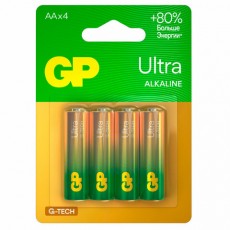 Батарейки КОМПЛЕКТ 4 шт, GP Ultra G-Tech, AA (LR6,15А), алкалиновые, пальчиковые, 15A, 15AUA21-2CRSBC4