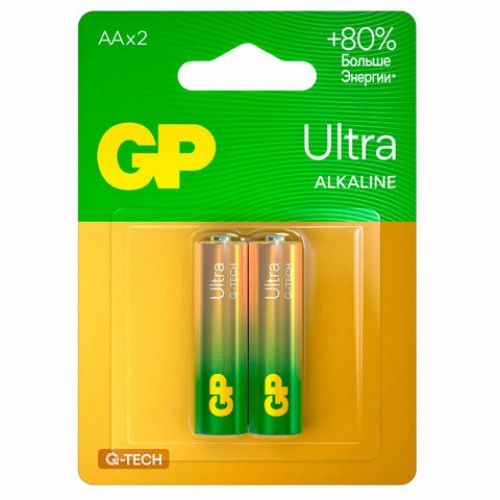 Батарейки КОМПЛЕКТ 2 шт, GP Ultra G-Tech, AA (LR6,15А), алкалиновые, пальчиковые, 15A, 15AUA21-2CRSBC2