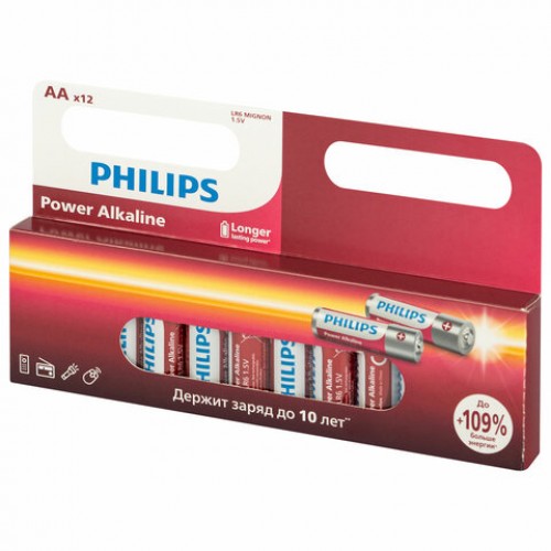 Батарейки алкалиновые пальчиковые КОМПЛЕКТ 12 шт., PHILIPS Power Alkaline, АА (LR6, 24А), блистер, Б0064661