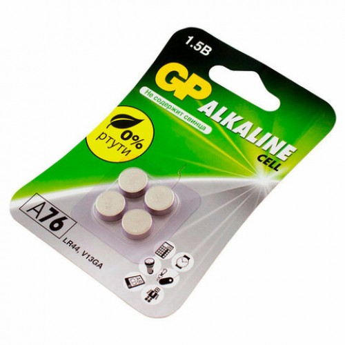 Батарейки КОМПЛЕКТ 4 шт, GP Alkaline, A76 (G13, LR44), алкалиновая, блистер, A76-С10, A76F-2CRU4