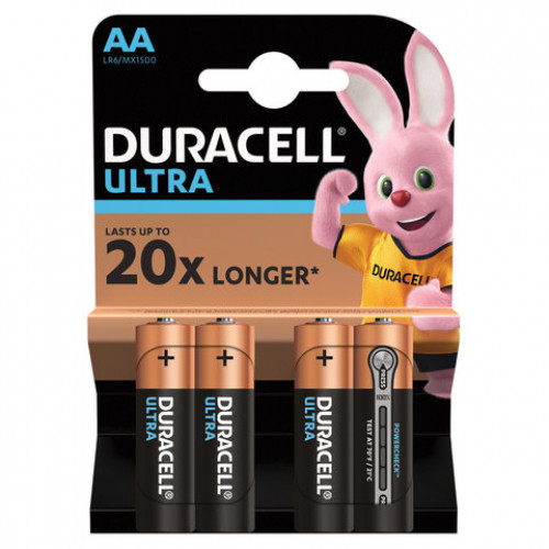 Батарейки КОМПЛЕКТ 4 шт., DURACELL Ultra, AA (LR06, 15А), алкалиновые, пальчиковые, блистер