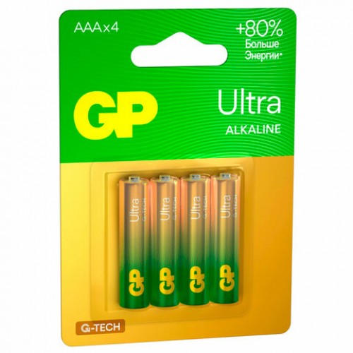 Батарейки КОМПЛЕКТ 4 шт, GP Ultra G-Tech, AAA (LR03, 24А), алкалиновые,мизинчиковые,, 24AUA21-2CRSBC4