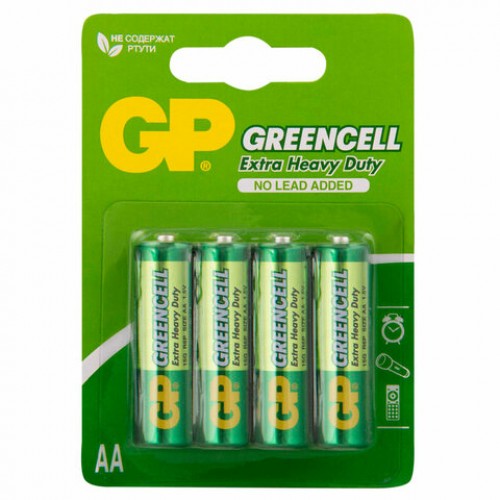 Батарейки КОМПЛЕКТ 4 шт. GP GreenCell AA (R6, 15G), солевые, пальчиковые, блистер, 15, 15G-2CR4