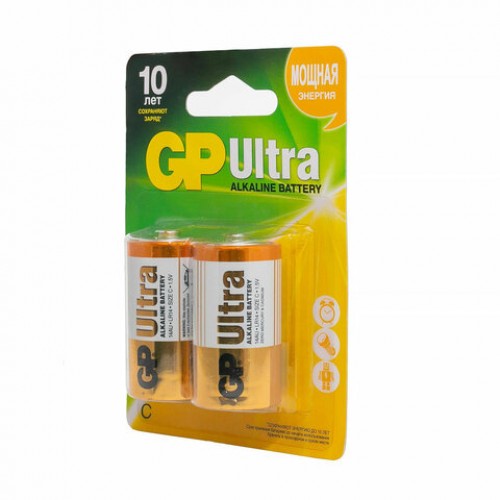 Батарейки GP Ultra, С (LR14, 14А), алкалиновые, КОМПЛЕКТ 2 шт, блистер, 14AU-2CR2