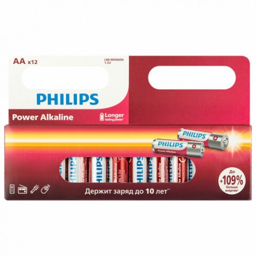 Батарейки алкалиновые пальчиковые КОМПЛЕКТ 12 шт., PHILIPS Power Alkaline, АА (LR6, 24А), блистер, Б0064661