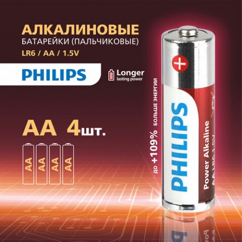 Батарейки алкалиновые пальчиковые КОМПЛЕКТ 4 шт., PHILIPS Power Alkaline, АА (LR6, 24А), блистер, Б0062746