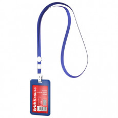 Бейдж вертикальный ERICH KRAUSE (54х85мм), корпус прозрачный, цвет ленты синий, слайд, 63740