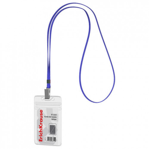 Бейдж вертикальный ERICH KRAUSE (62х91мм), корпус прозрачный, цвет ленты синий, 63711